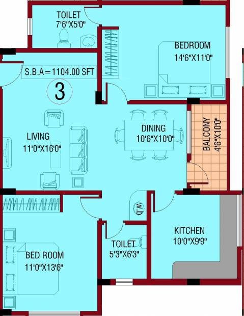 Sagri Builders And Developers Om Vihar Floor Plan (2BHK+2T (1,104 sq ft) 1104 sq ft)
