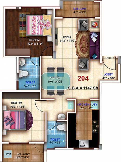 Sumukha Maple Grove (2BHK+2T (1,147 sq ft) 1147 sq ft)