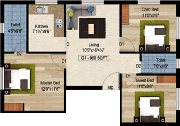 Minnath Amethyst (3BHK+2T (960 sq ft) 960 sq ft)
