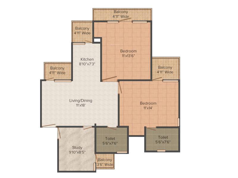 Unibera Unibera (2BHK+2T (1,305 sq ft)   Study Room 1305 sq ft)