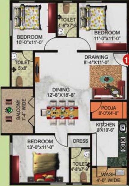 Excel Florance (3BHK+3T (1,421 sq ft)   Pooja Room 1421 sq ft)