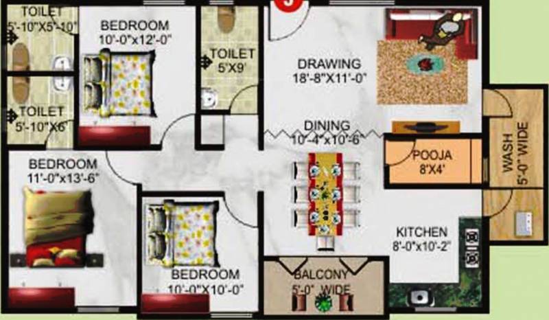 Excel Florance (3BHK+3T (1,450 sq ft)   Pooja Room 1450 sq ft)