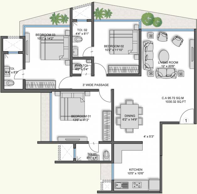 Options The Crest (3BHK+3T (1,700 sq ft) 1700 sq ft)
