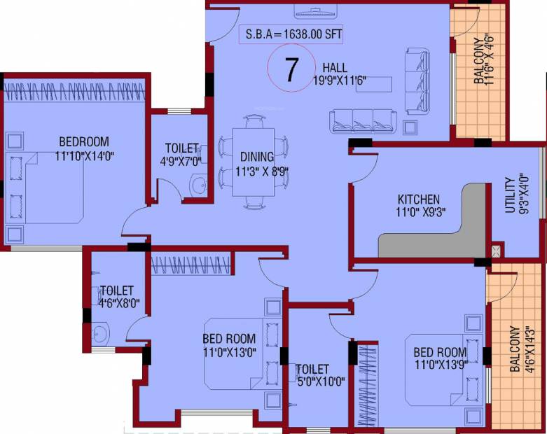 Sagri Builders And Developers Om Vihar Floor Plan (3BHK+3T (1,638 sq ft) 1638 sq ft)