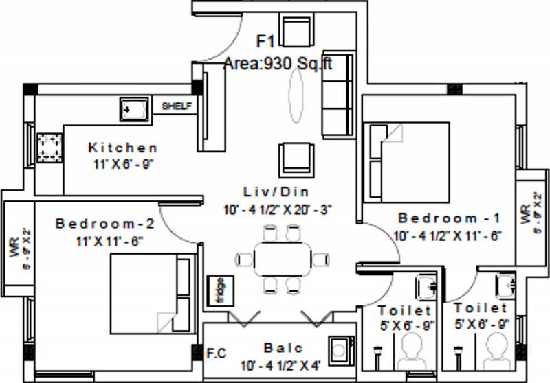 TTE Santham (2BHK+2T (930 sq ft) 930 sq ft)