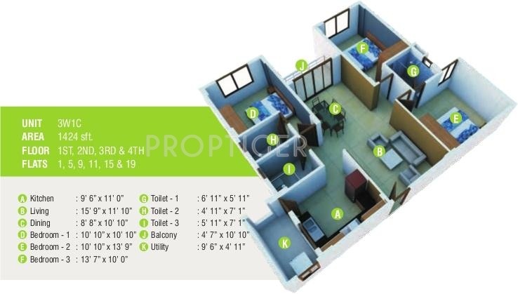 Mahaveer Laurel (3BHK+3T (1,424 sq ft) 1424 sq ft)