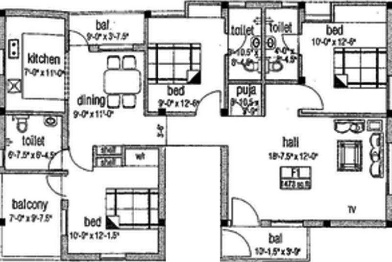 Nithin Property Gokulam And Ishwaryam Floor Plan (3BHK+3T (1,484 sq ft) 1484 sq ft)