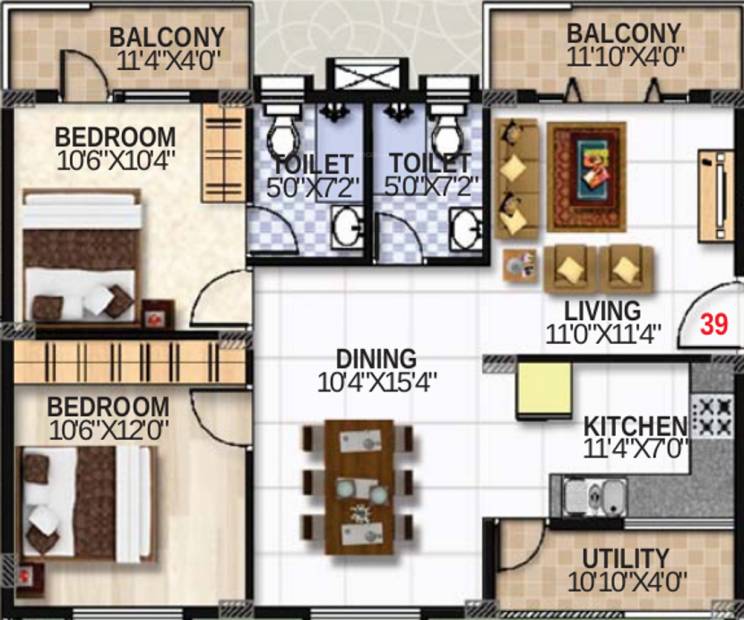 SLS Summer Fields (2BHK+2T (1,105 sq ft) 1105 sq ft)