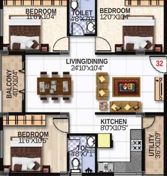 SLS Summer Fields (3BHK+2T (1,221 sq ft) 1221 sq ft)