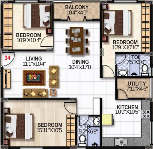 SLS Summer Fields (3BHK+2T (1,371 sq ft) 1371 sq ft)