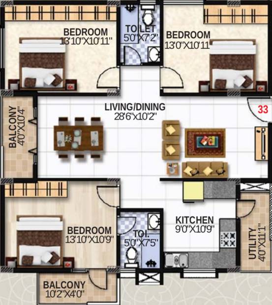 SLS Summer Fields (3BHK+2T (1,453 sq ft) 1453 sq ft)