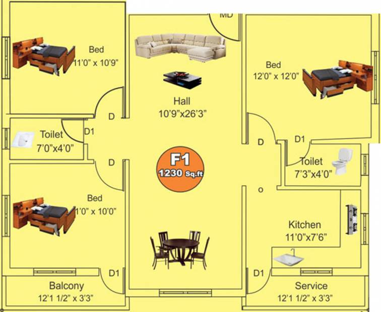Sathyam property Srivari Floor Plan (3BHK+2T (1,230 sq ft) 1230 sq ft)