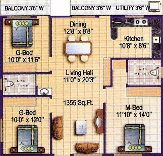 Sri Chowdeshwari Builders Thirumala Lotus Floor Plan (3BHK+3T (1,355 sq ft) 1355 sq ft)