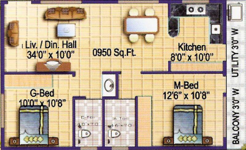 Sri Chowdeshwari Builders Thirumala Lotus Floor Plan (2BHK+2T (950 sq ft) 950 sq ft)