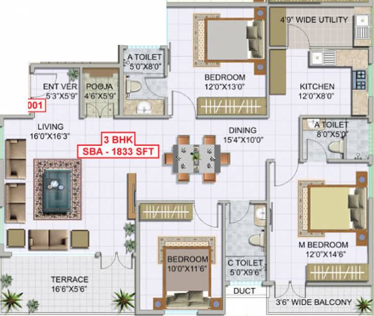 Ensure Onyx (3BHK+3T (1,833 sq ft)   Pooja Room 1833 sq ft)