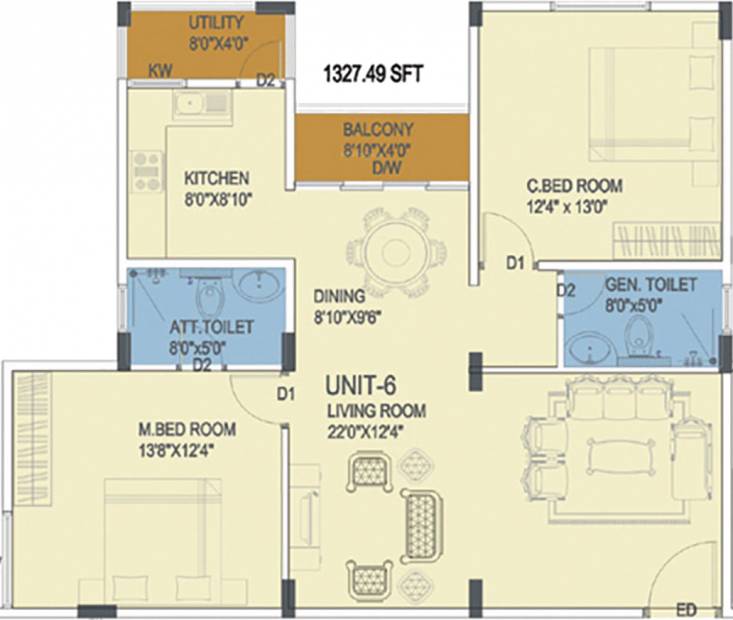 Prasiddhi Commanders Pinnacle Floor Plan (2BHK+2T (1,327 sq ft) 1327 sq ft)