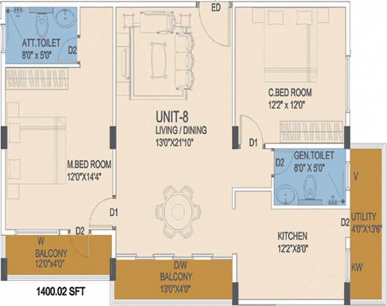 Prasiddhi Commanders Pinnacle Floor Plan (2BHK+2T (1,400 sq ft) 1400 sq ft)