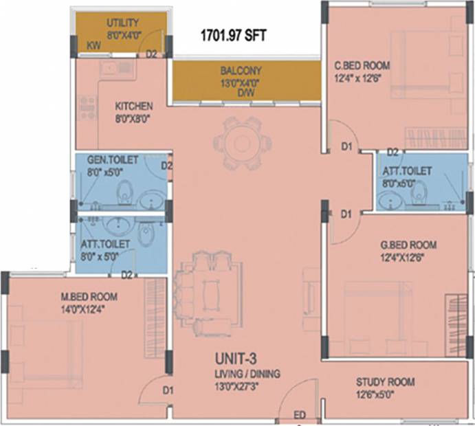Prasiddhi Commanders Pinnacle Floor Plan (3BHK+3T (1,701 sq ft) + Study Room 1701 sq ft)