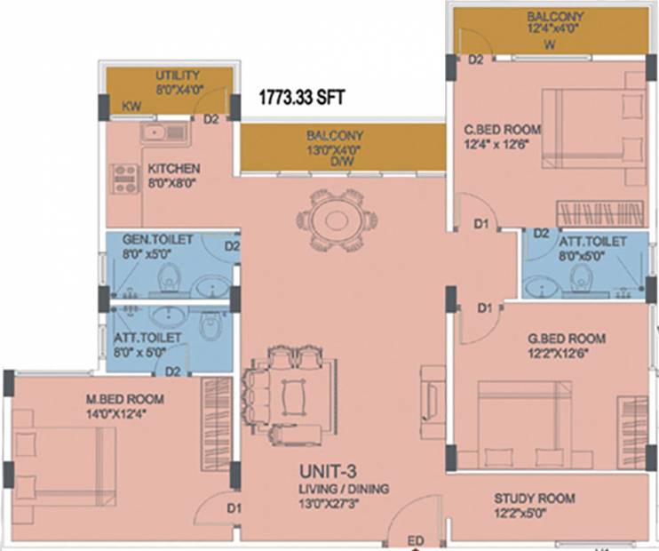 Prasiddhi Commanders Pinnacle Floor Plan (3BHK+3T (1,773 sq ft) + Study Room 1773 sq ft)