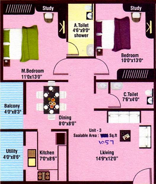  SM Sai Residency (2BHK+2T (1,057 sq ft) 1057 sq ft)