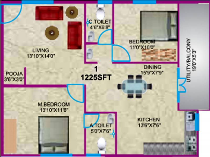 Sumukha Telecom Clusters (2BHK+2T (1,225 sq ft)   Pooja Room 1225 sq ft)
