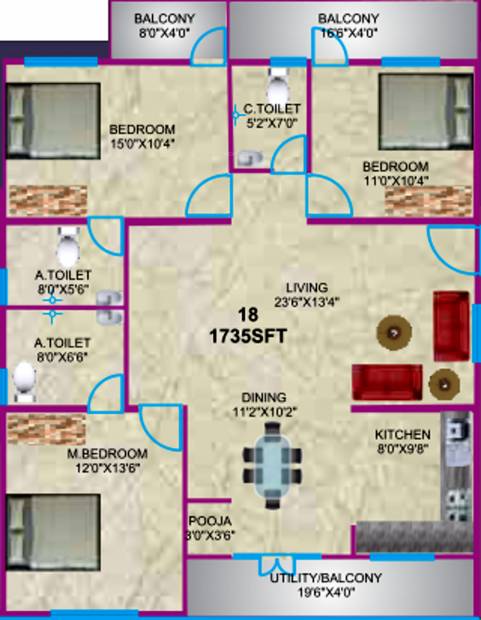 Sumukha Telecom Clusters (3BHK+3T (1,735 sq ft)   Pooja Room 1735 sq ft)