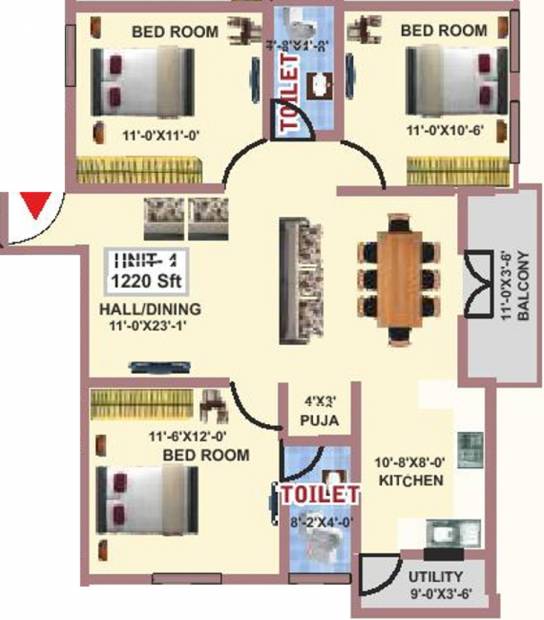 Fortitude Construction Proxima Floor Plan (3BHK+2T (1,220 sq ft)   Pooja Room 1220 sq ft)