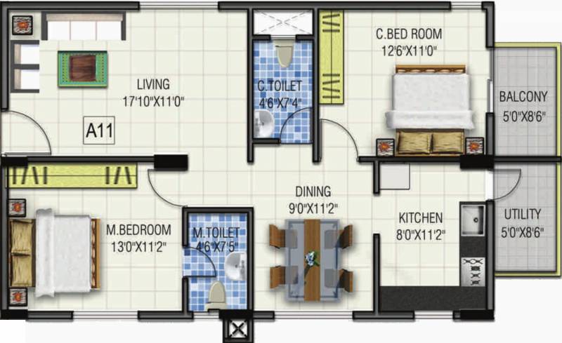 Gauravam Marvel (2BHK+2T (1,135 sq ft) 1135 sq ft)