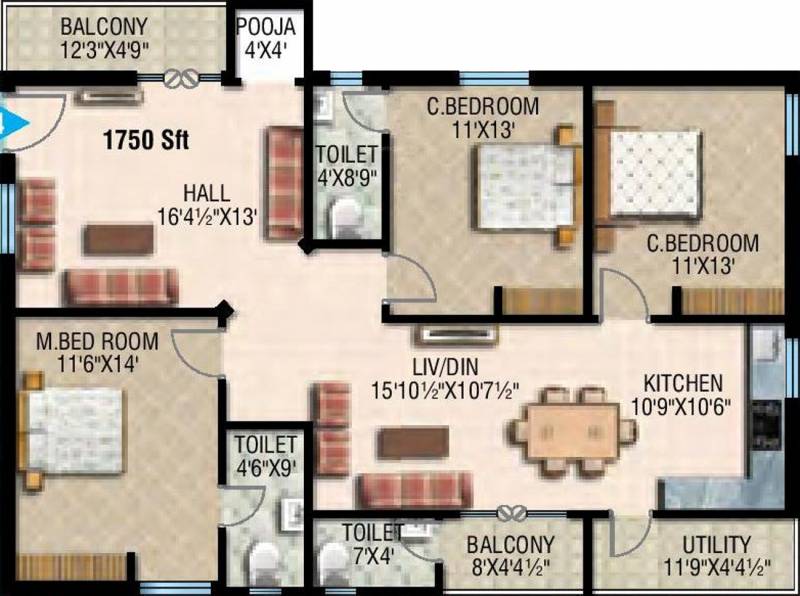 RV Developers Citin Loft (3BHK+3T (1,750 sq ft)   Pooja Room 1750 sq ft)