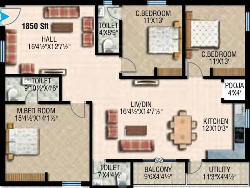 RV Developers Citin Loft (3BHK+3T (1,850 sq ft)   Pooja Room 1850 sq ft)