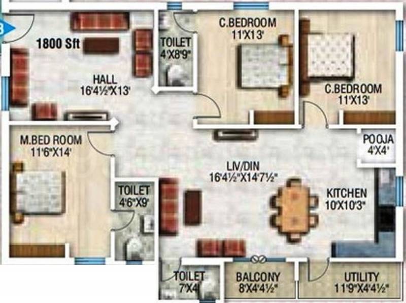 RV Developers Citin Loft (3BHK+3T (1,800 sq ft)   Pooja Room 1800 sq ft)