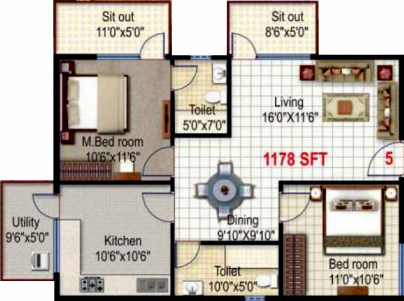 President Opulence (2BHK+2T (1,178 sq ft) 1178 sq ft)