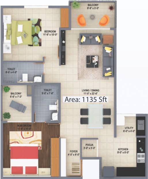 Poorvi Airavatha (2BHK+2T (1,135 sq ft) + Pooja Room 1135 sq ft)
