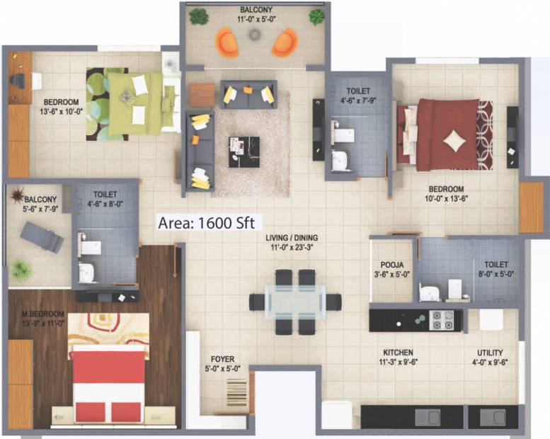 Poorvi Airavatha (3BHK+3T (1,600 sq ft) + Pooja Room 1600 sq ft)