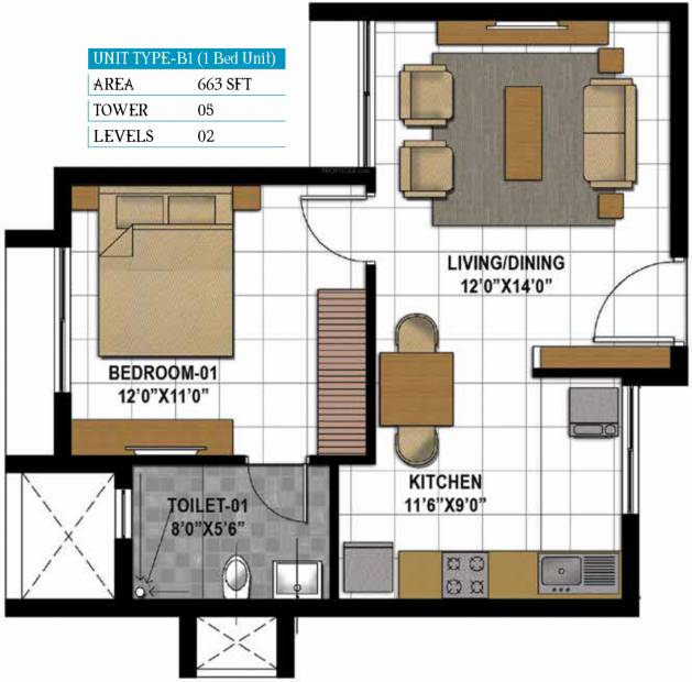 Prestige Hillside Gateway (1BHK+1T (663 sq ft) 663 sq ft)