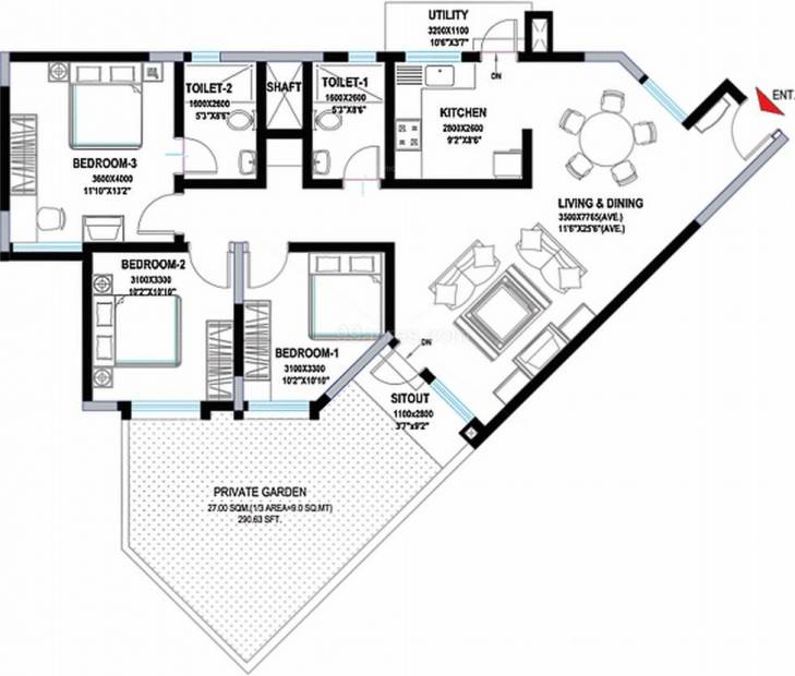 Sobha Sunscape (3BHK+2T (1,374 sq ft) 1374 sq ft)
