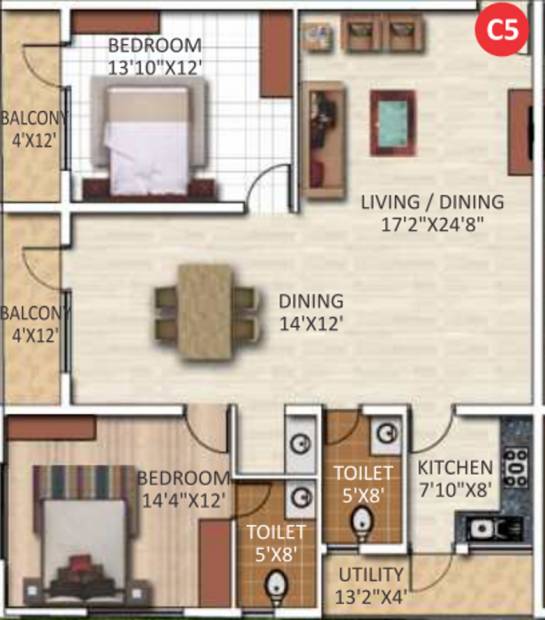 ARV Temple Tree (2BHK+2T (1,588 sq ft) 1588 sq ft)