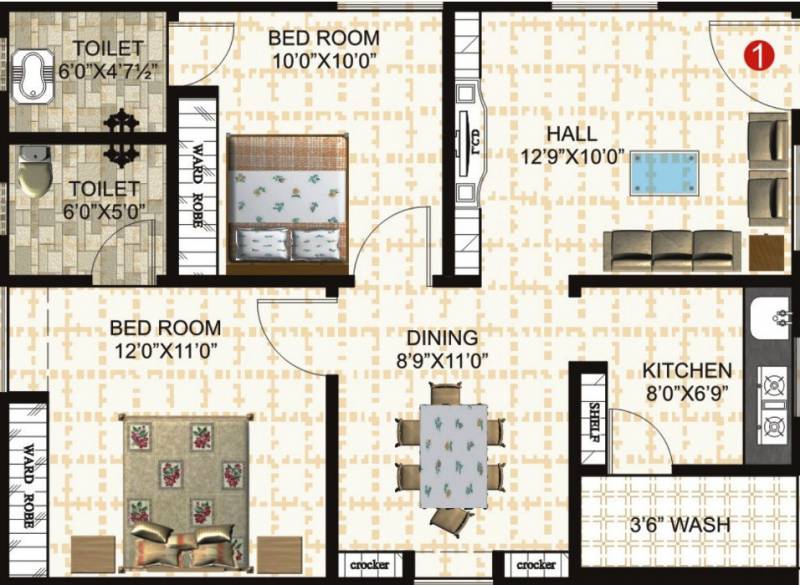 Janani Marvel (2BHK+2T (950 sq ft) 950 sq ft)