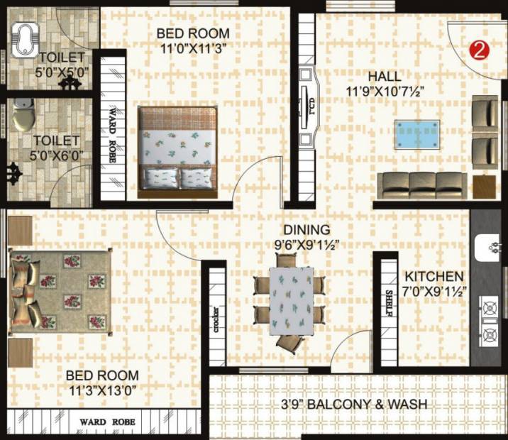 Janani Marvel (2BHK+2T (930 sq ft) 930 sq ft)