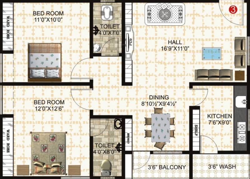 Janani Marvel (2BHK+2T (1,055 sq ft) 1055 sq ft)