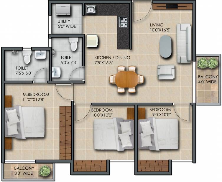 Subha 9 Sky Vue (3BHK+2T (1,110 sq ft) 1110 sq ft)