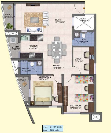 Kolte Patil Mirabilis (2BHK+2T (1,276 sq ft) + Study Room 1276 sq ft)