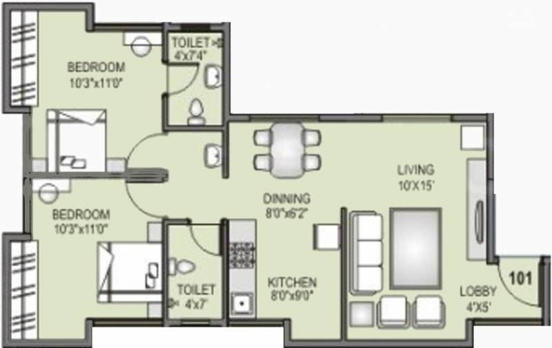 Bora Blossom (2BHK+2T (954 sq ft) 954 sq ft)