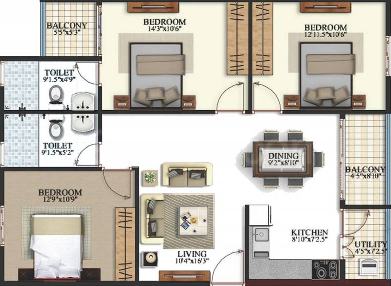Keerthi Krishna Viva (3BHK+2T (1,285 sq ft) 1285 sq ft)
