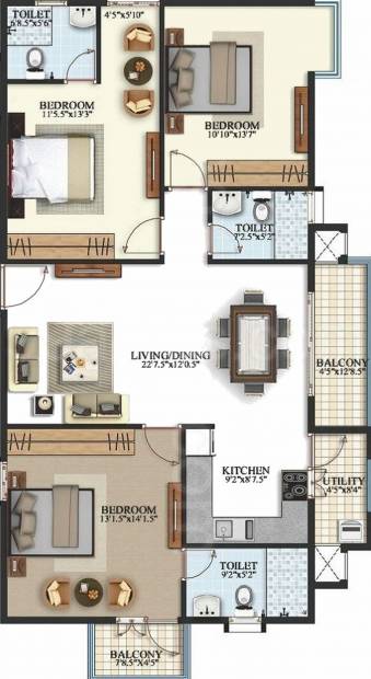 Keerthi Krishna Viva (3BHK+3T (1,565 sq ft) 1565 sq ft)