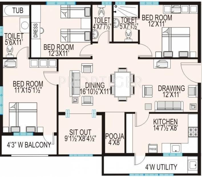Modi Splendour (3BHK+3T (1,849 sq ft)   Pooja Room 1849 sq ft)
