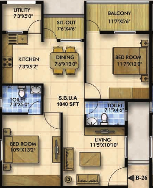 Mahaveer Zephyr (2BHK+2T (1,040 sq ft) 1040 sq ft)
