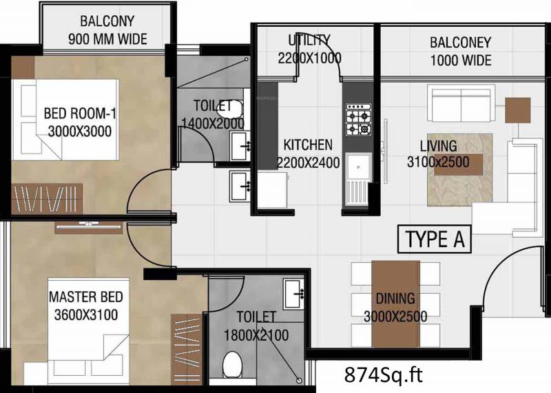 Nucleus Heyday Apartments (2BHK+2T (874 sq ft) 874 sq ft)