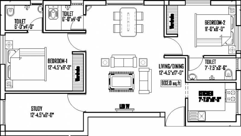 Anirudh AH Block (2BHK+3T (902 sq ft) + Study Room 902 sq ft)