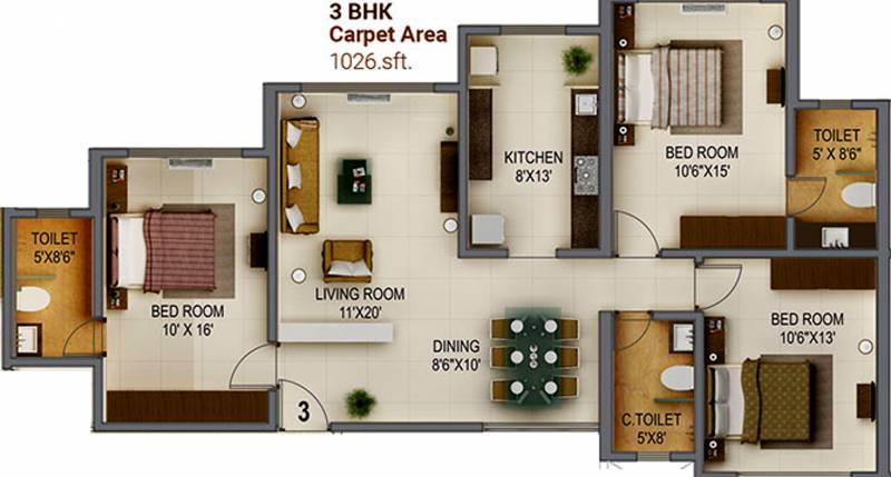MICL Aaradhya Tower (3BHK+3T (1,026 sq ft) 1026 sq ft)